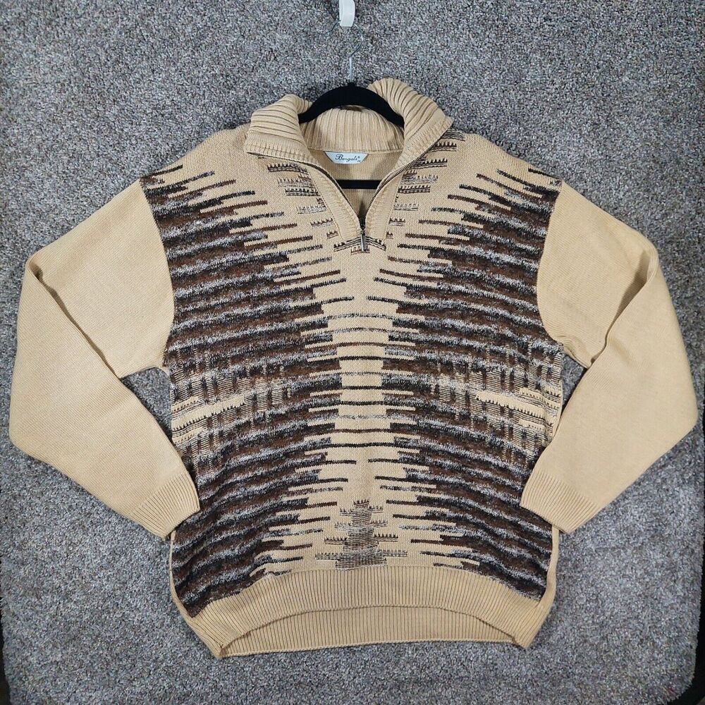 Vtg Bergati 1/4 Zip 80s 90s Mens COOGI Style Biggie Knit Tan Sweater Sz 2XL RARE